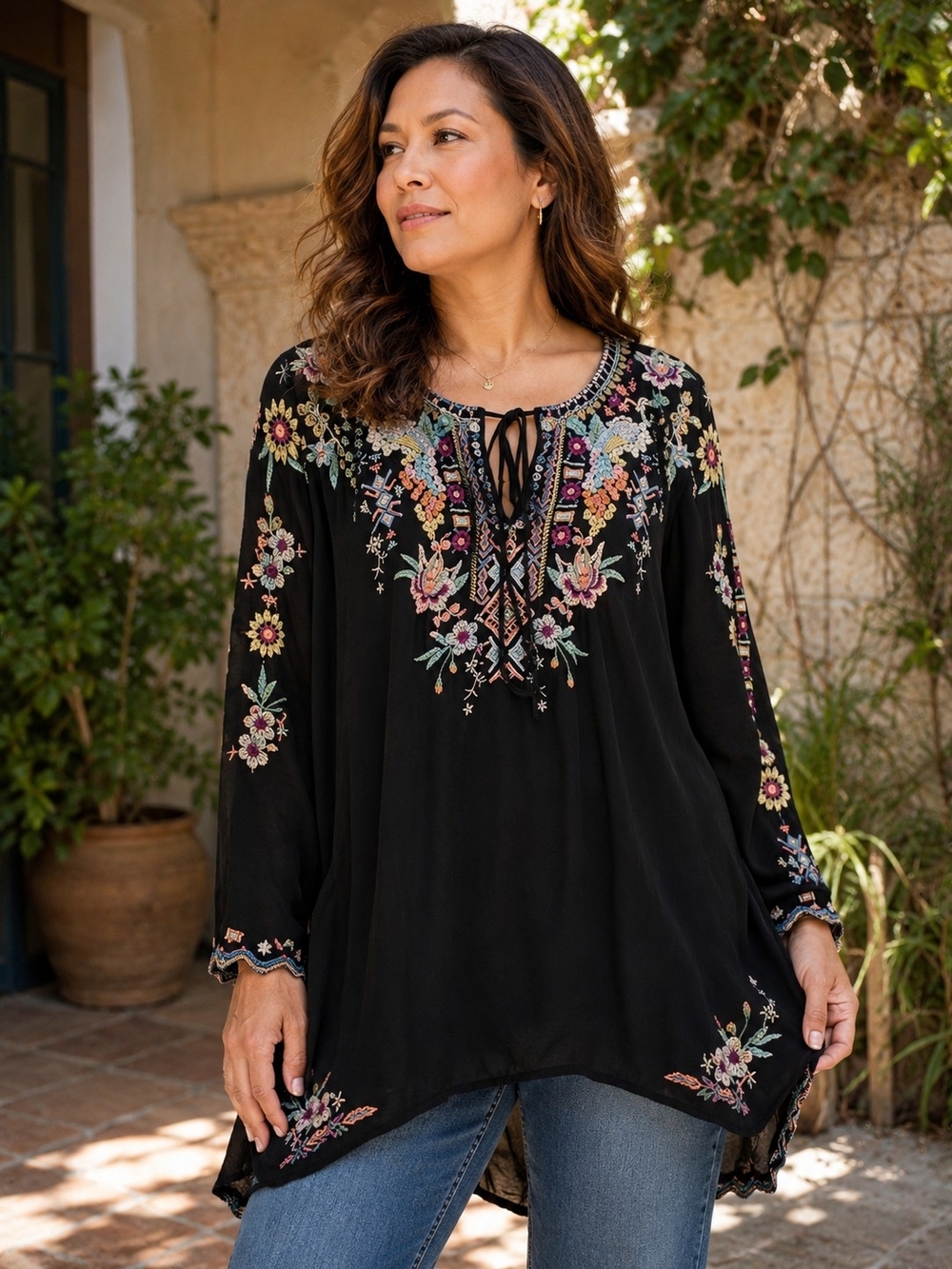Johnny Was Sunflower Embroidered Tunic Blouse XXL Black Boho Cupra